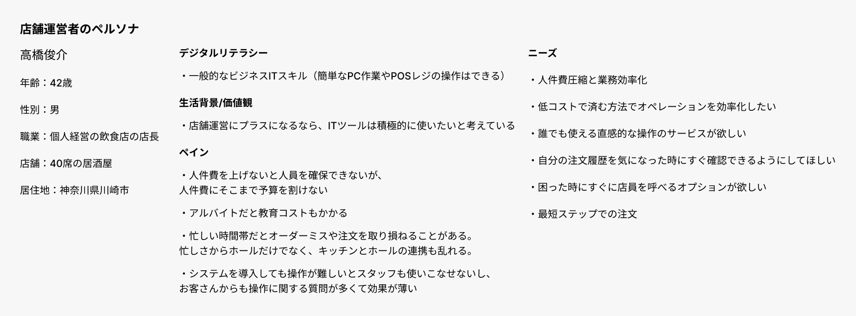 店舗運営者のペルソナ（業務課題・要望の要約）