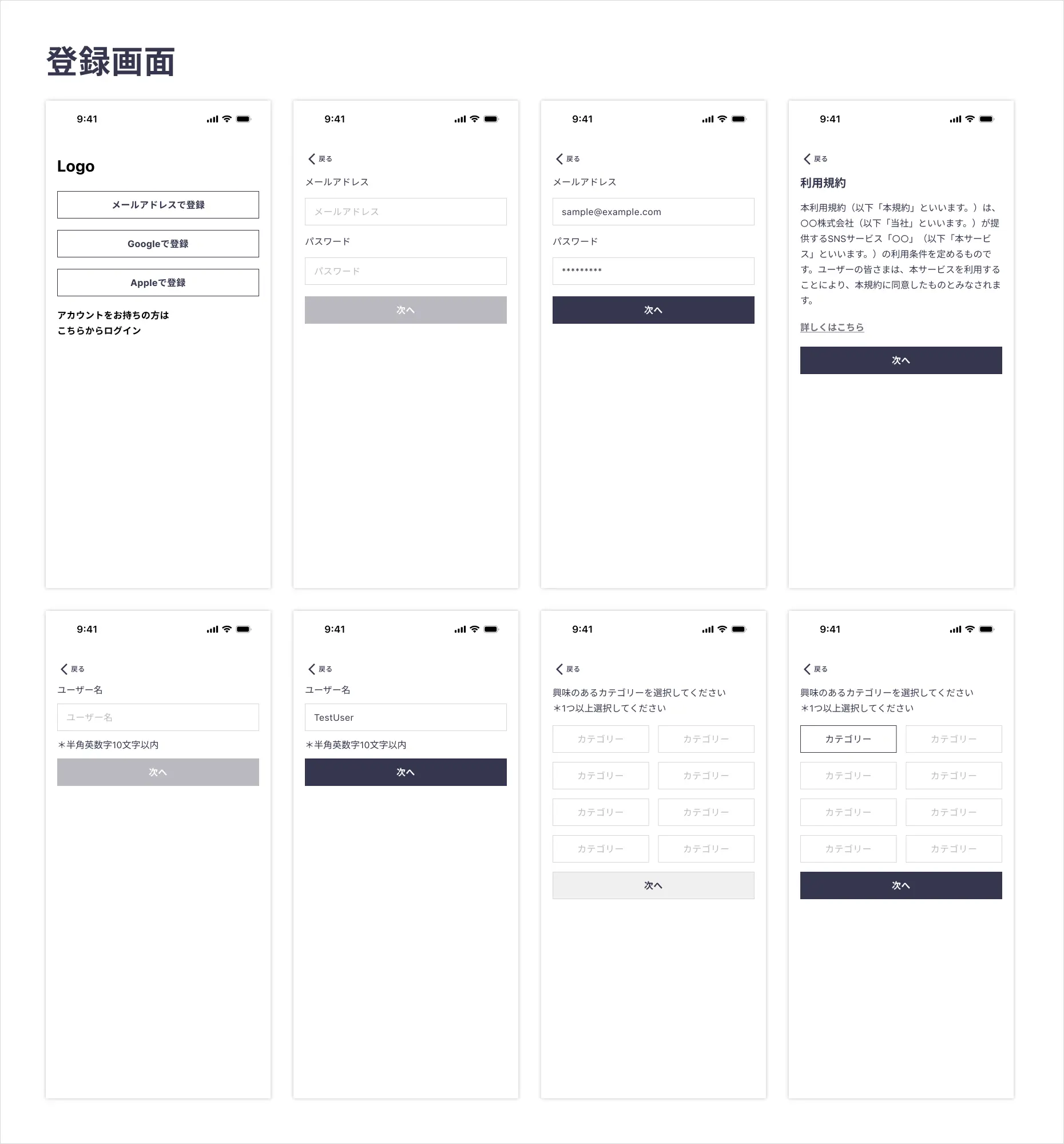登録・ログインのワイヤーフレーム
