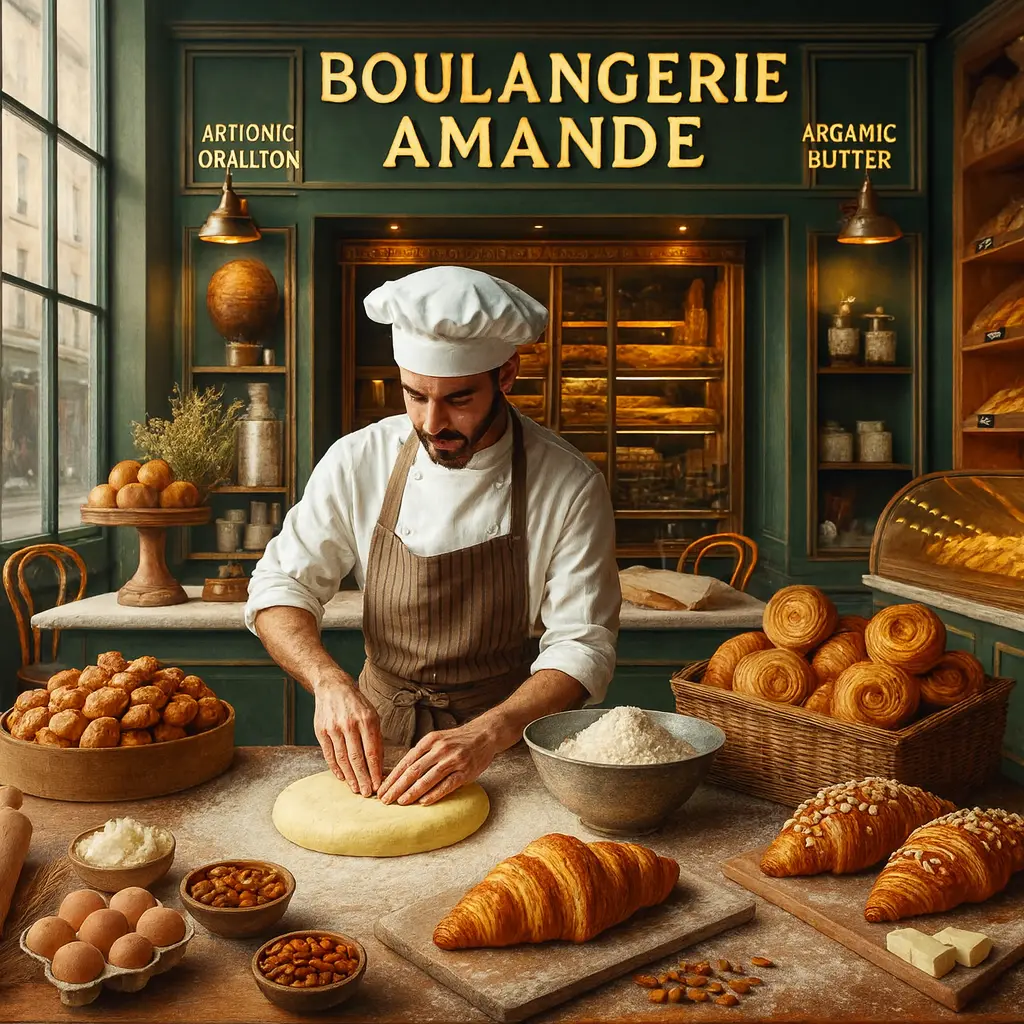 Boulangerie Amandeの店内で生地をこねる職人と焼きたてのクロワッサン