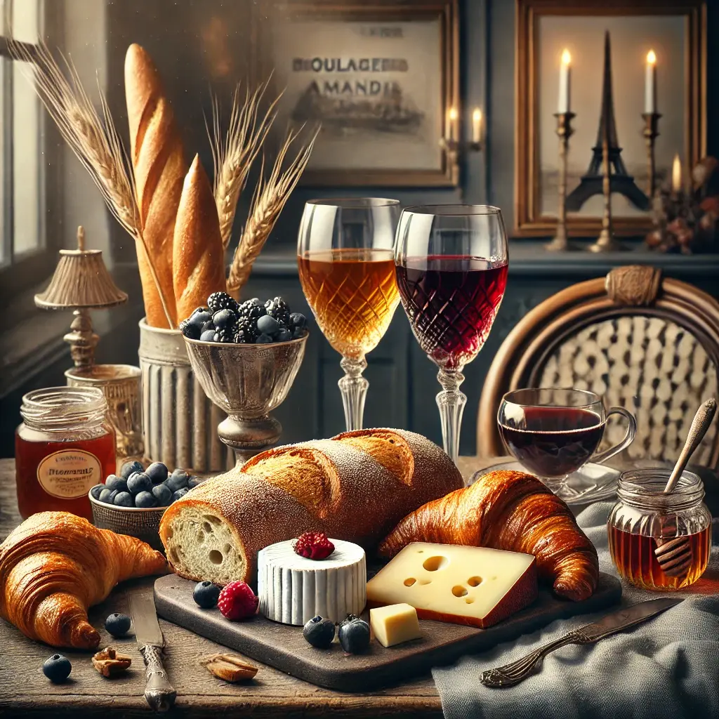 パン、ワイン、バター等の写真